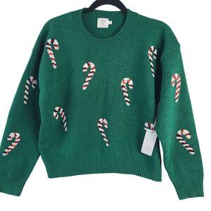 Luna Ivy Green Candy Cane Sequin Sweater Acrylic Blend Christmas Pullover Sz M
